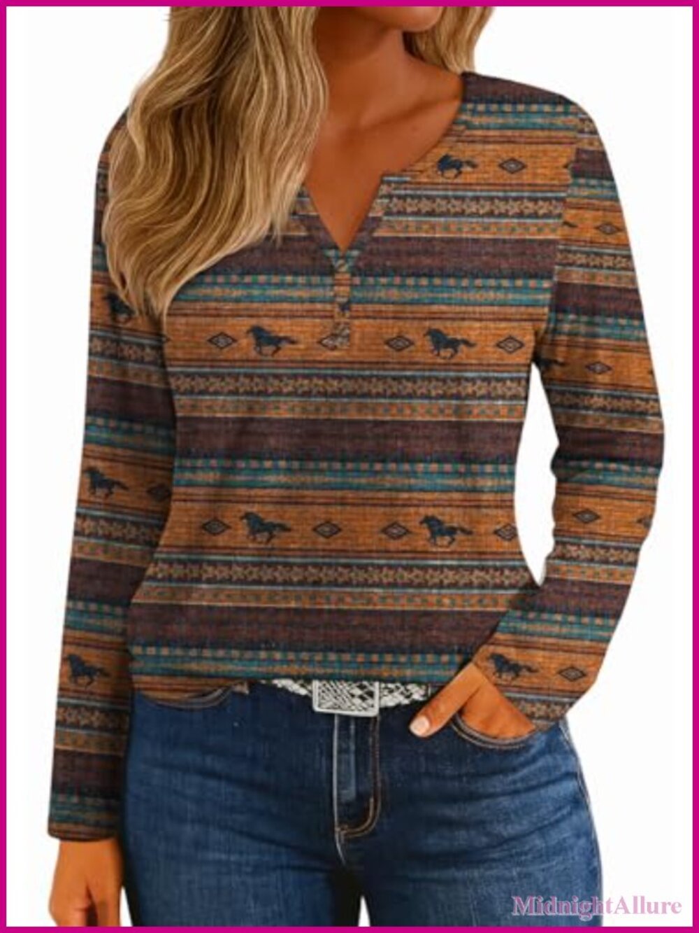 Aztec Print Long Sleeve Western Tunic Top with Henley Neck – Stretchy Polyester